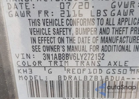 2020 Nissan Sentra S z USA, uszkodzony, nr VIN 3N1AB8BV6LY272152